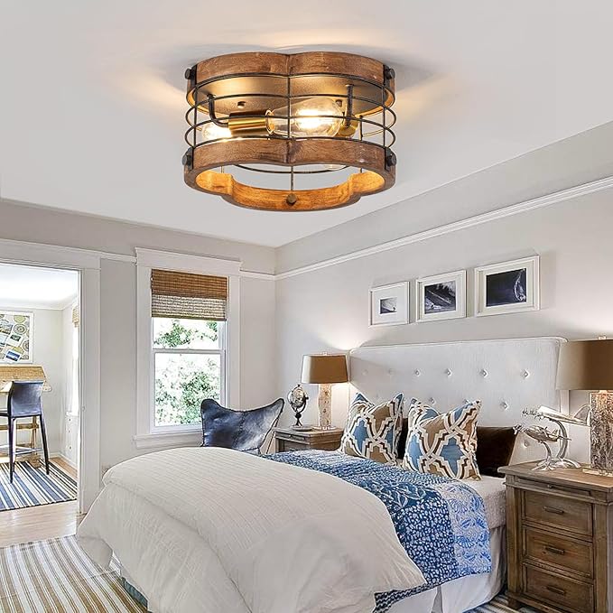 Farmhouse Flush Mount Ceiling Light, 12.2 Inch 3-Light Metal and Wood Close to Ceiling Light Fixture, Rustic Drum Semi Ceiling Light for Kitchen, Dining Room, Living Room, Hallway, Entryway
