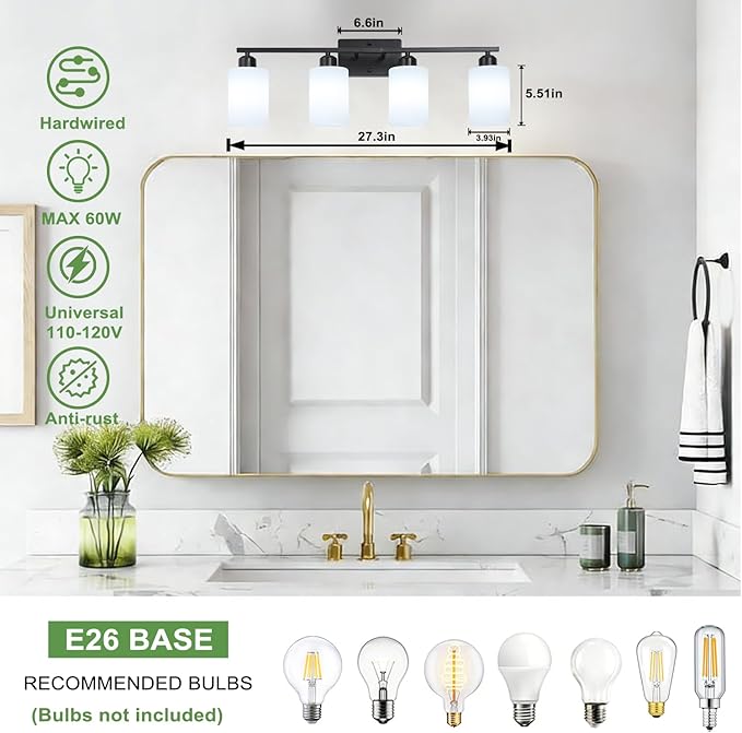 SOTTAE 4-Light Bathroom Vanity Lights, Modern Vanity Lighting with Milky White Shades, Anti-Rust Black Bathroom Light Fixtures Over Mirror, Bathroom Wall Lamp for Mirror Bathroom Living Room Cabinet