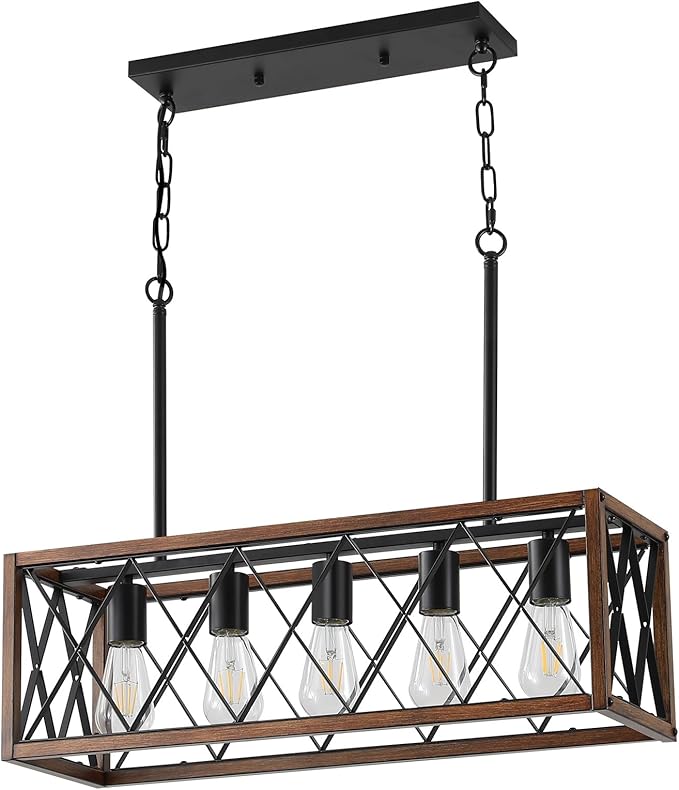 KEESFU 5-Light Farmhouse Linear Chandelier for Dining Room,Adjustable Rustic Pendant Light with Wood Grain Finish for Kitchen Island & Dining Table,Farmhouse Kitchen Lighting fixtures Ceiling.