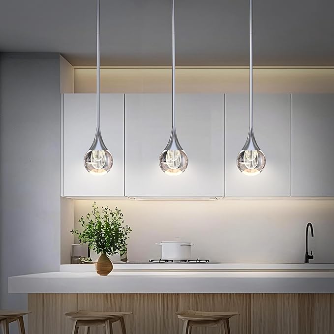 1-Pendant Lights Kitchen Island, Silver Globe Crystal Ceiling Hanging Light Fxitures, LED Raindrop Light Fixtures Metal Rod Ceiling Glass Pendant Lighting for Kitchen Island Dining Room Bar