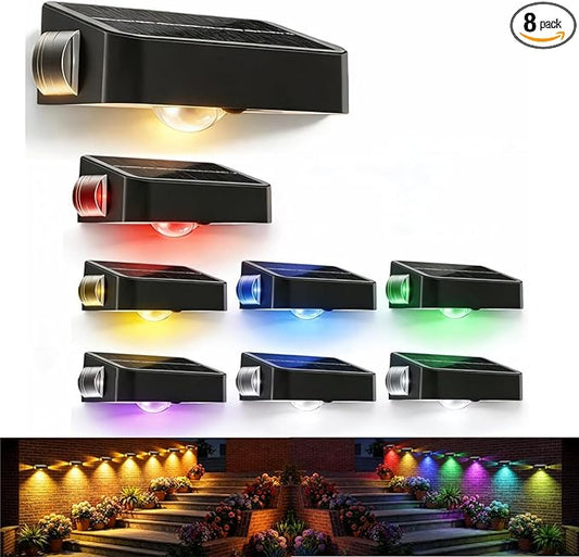 Waterproof Solar Fence Lights Outdoor 8 Pack 12 RGB Color Changing Mode Decorative LED 3-Sided Solar Powered Landscape Wall Lighting, Decor for Outside Patio Step Backyard Deck Railing Pool