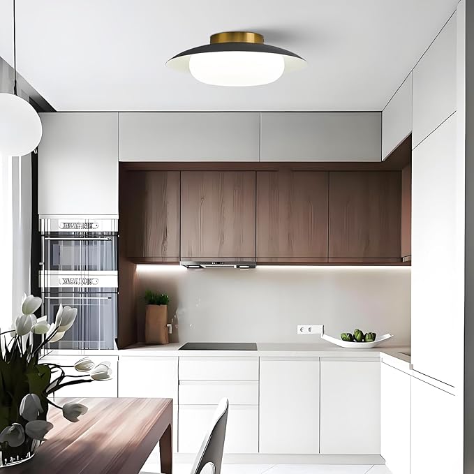 15.75 inch Modern LED Semi Flush Mount Ceiling Light - Round Matte Black and Gold 36W 5000K Daylight Not Dimmable Bright Fixture for Kitchen Master Bedroom Living Room Entryway Lighting