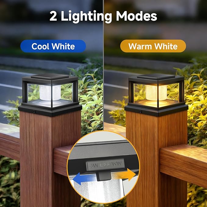 FOLKSMATE Solar Post Cap Lights 6 Pack, 2 Lighting Modes Cool/Warm White Outdoor Solar Powered, Waterproof Fence Deck Lights for 4×4 3.5×3.5 Wood Vinyl Posts, for Garden Patio Porch Decor, Black
