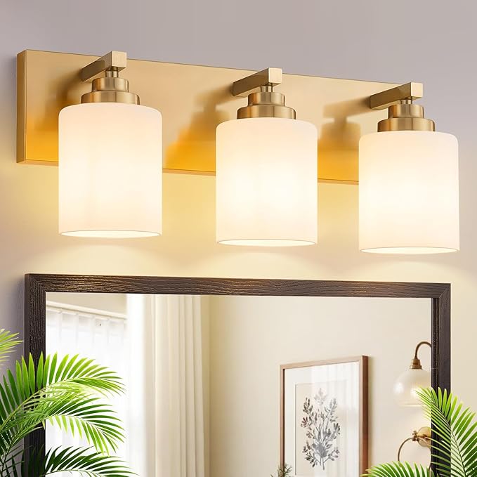 Bathroom Vanity Light Fixture, 3-Light Brushed Gold Bathroom Light Fixtures Over Mirror with Milky White Glass Shades, Modern Vanity Lights for Bathroom Living Room Hallway (Bulbs Not Included)