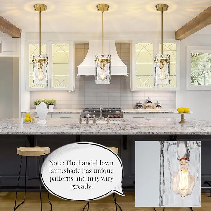 Brass Hammered Glass Pendant Light, 5.5" Brushed Gold Island Pendant Lights Vintage Kitchen Island Light Gold Pendant Light Fixtures Dining Room Light Island Lights Pendant Lighting 1 Pack