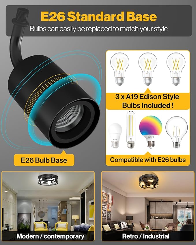 Sunco Farmhouse 3-Light Flush Mount Ceiling Light Fixture, Hallway Matte Black Outdoor Lights, Anti-Corrosive, E26 Base, A19 Edison LED Bulbs Included, for Hallway Kitchen Bathroom 2 Pack