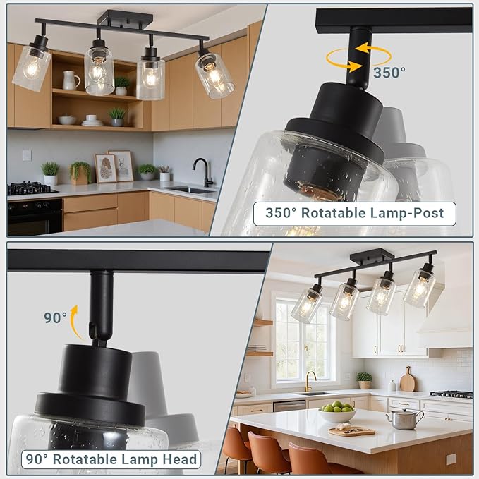 LOUSACE Flexible Track Lighting Kit, Black 4-Light Flush Mount Ceiling Spotlights with Seeded Glass, Bathroom Vanity Lighting Modern Track Light Fixtures Ceiling for Kitchen