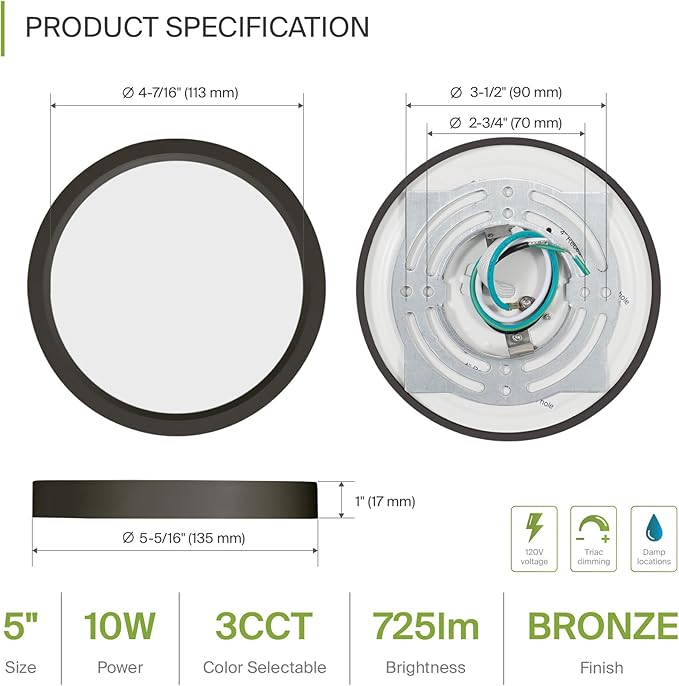 ASD LED 5" Round Flush Mount Light | 10W 720LM 3000-5000K 120V | 3CCT, Dimmable, Ultra Slim, ETL Listed | Thin Surface Lamp, Bedroom Ceiling Lighting | Bronze, 6 Pack