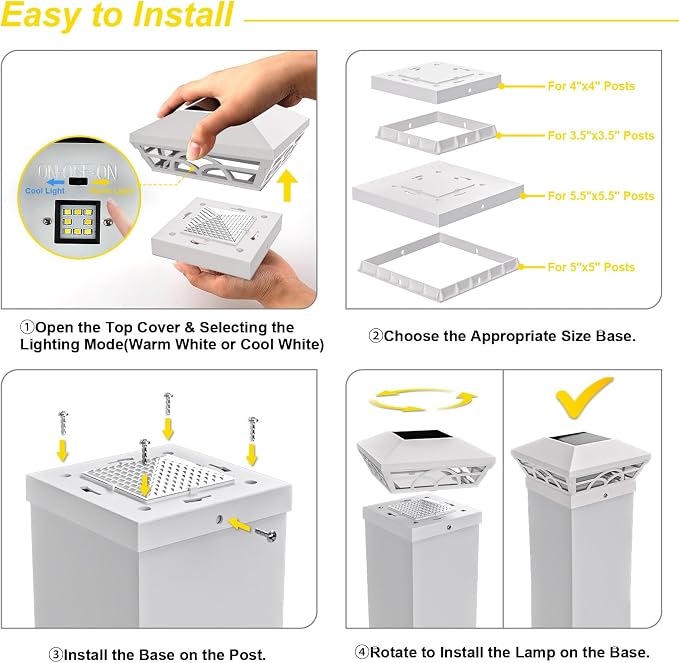 T-SUN Solar Post Cap Lights 6 Pack – Outdoor Waterproof Fence Lights for 3.5x3.5 4x4 5x5 5.5x5.5 Wood/Vinyl Posts, with 2 Brightness Modes Solar Deck Light for Patio, Garden, Porch(White)