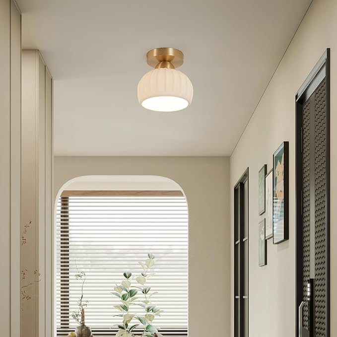 2 Pack Ceramic Brass Semi Flush Mount Ceiling Light Vintage Hallway Light Fixtures, Modern Small Ceiling Mount Light Lamp for Hall Kitchen Entryway Passway Porch Foyer