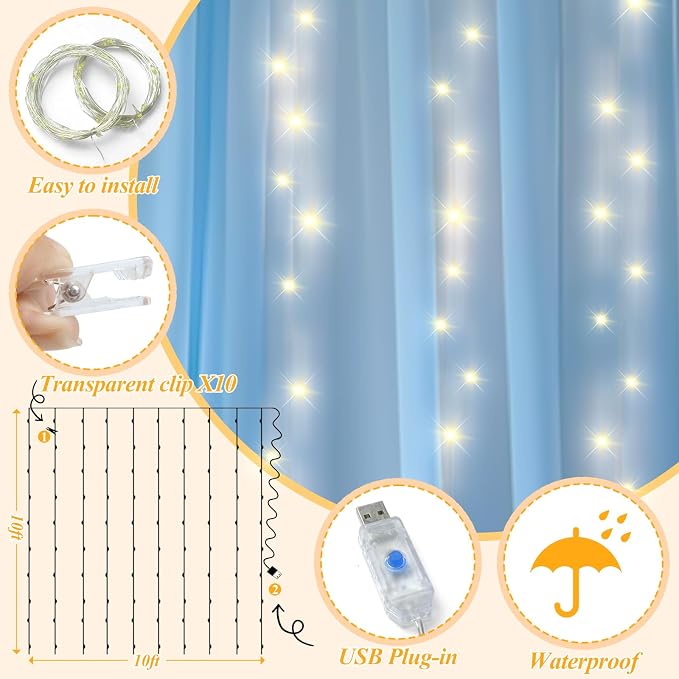 Ledido 10×8ft Blue Tulle Backdrop Curtains with Lights String - 300LED Fairy Lights Sheer Curtain Backdrop for Wedding Baby Shower Photo Shoot Birthday Party Decoration(2 Panels 5×8ft)，Blue