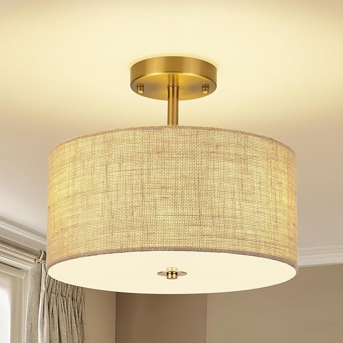 13 Inch Modern Semi Flush Mount Ceiling Light Fixture, Gold Drum Lamp with Textured Woven Linen Burlap Shade, Rustic Farmhouse Boho Lighting for Bedroom, Kitchen, Hallway, Entryway Room
