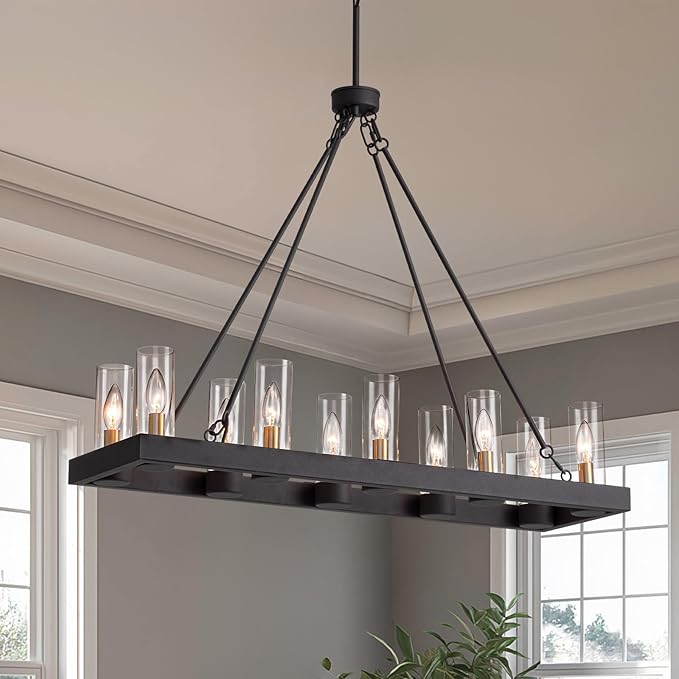 35.4" Farmhouse Rectangle Chandelier for Dining Room, 10-Light Black Hanging Fixture with 59" Adjustable Wires, Rustic Kitchen Island Ceiling Light
