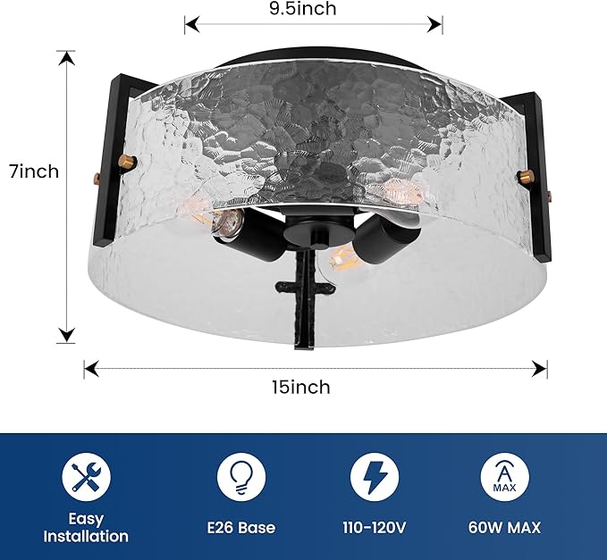 15'' Modern Black Semi Flush Mount Ceiling Light Fixtures, 3-Light Glass Ceiling Mount Light Fixtures, Close to Ceiling Light Fixtures for Kitchen Foyer Entryway Bedroom Hallway Laundry