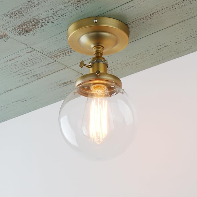 PERMO Semi Flush Mount Ceiling Light Modern Globe Clear Glass Shade Industrial Hallway Light Fixtures for Kitchen, Bathroom, Farmhouse Ceiling Light for Entryway (Antique Gold)