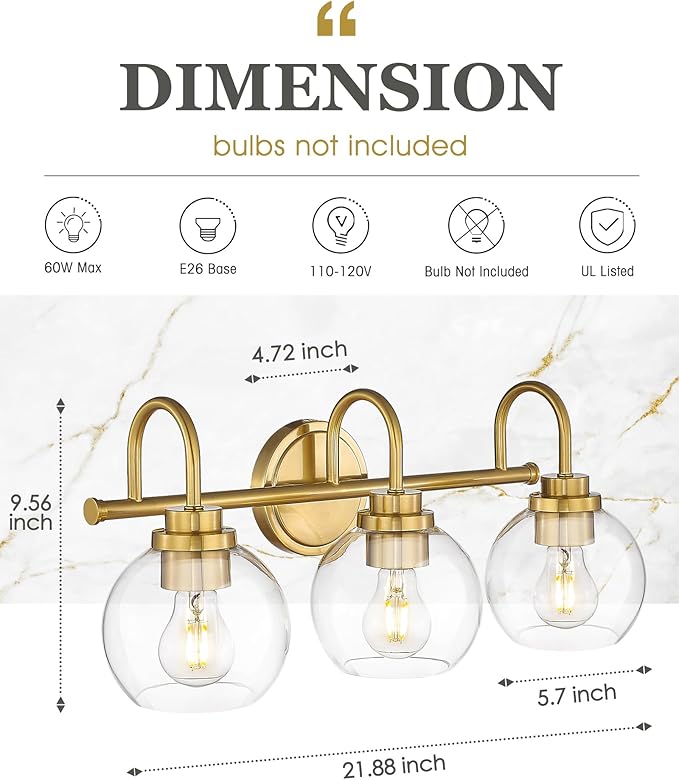 Bathroom Light Fixtures, 3-Light Brushed Gold Vanity Lights with Globe Clear Glass, Champagne Bronze Vanity Lighting Fixtures Over Mirror, AD-22280-3W-GD