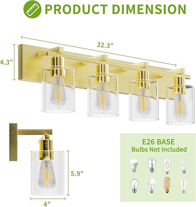 Espird Bathroom Vanity Light, 4 Light Gold Light Fixture with Thickened Clear Glass Shade, 24 inch Modern Wall Sconce,Vanity Light Over Mirror for