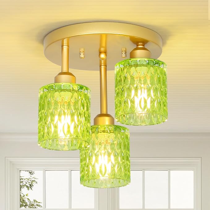 3-Light Semi Flush Mount Ceiling Light, Vintage Gold Kitchen Ceiling Light Fixture with Green Glass Shade, Mid Century Modern Close to Ceiling Lighting for Dining Room Hallway Entryway Bedroom