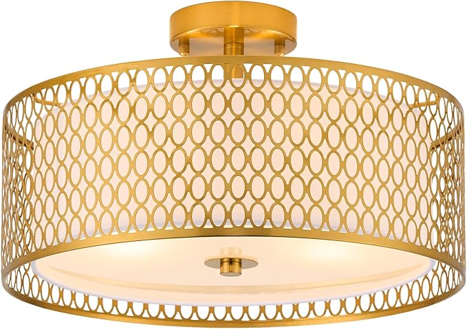 17" Semi Flush Mount Ceiling Light Fixture, 3-Light Gold Light Fixture, Close to Ceiling Light Fixture with White Fabric Lampshade and Gloden Iron Mesh Cage for Dining Room Living Room Bedroom