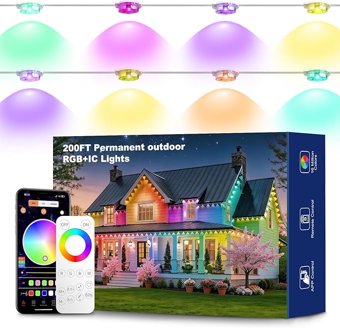 Permanent Outdoor Lights RGB Smart IC 200FT/100LEDs Decor IP68 Waterproof Music Sync with Remote&APP Control Suitable for Holiday Decoration Christmas Lights Garden Party Decor Deck