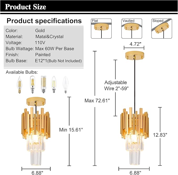 Gold Crystal Pendant Light 1-Light Mini Modern Luxury Crystal Pendant Light for Dining Room, Bedroom, Kitchen, Living Room