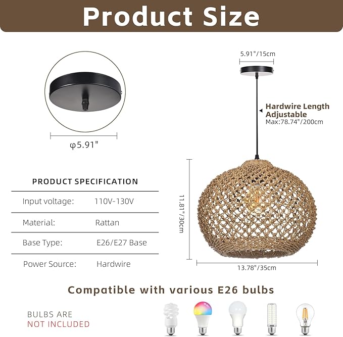 Boho Chandelier, Farmhouse Ceiling Hanging Lamp Shade, Natural Rattan Weaving Light Fixture, Rustic Round Pendant Lighting for Kitchen Dining Room Restaurant Bar, 13.78" W x 11.02" H