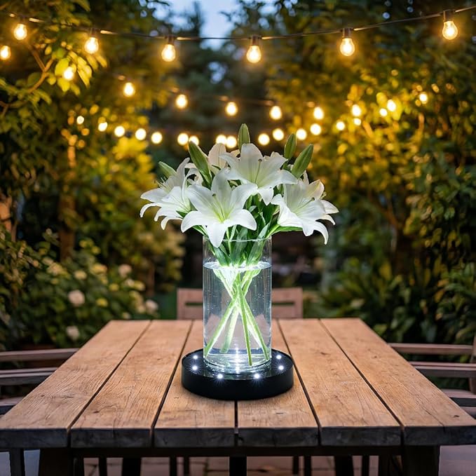 Simplelight 6 Inch Round LED Light Base- for Glass Art, Ideal Led Display for Vases-AA Batteries Included - (6inch Round Vase Base Light, White), Set of 6