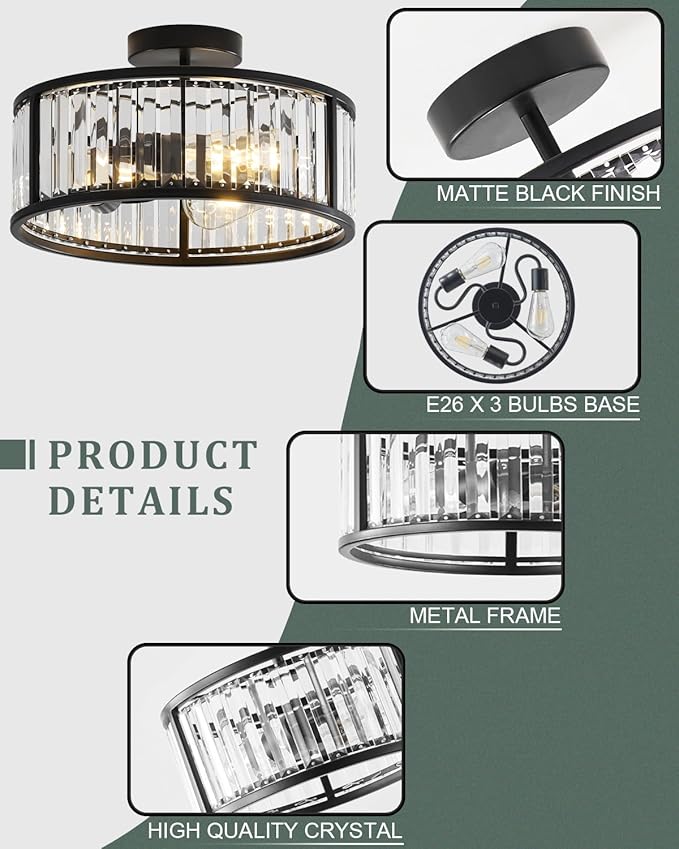 Black Flush Mount Ceiling Light, Caged Crystal Chandelier, Drum Hallway Light fixtures Ceiling Mount (14 INCH Black)