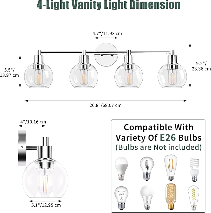 Espird 4 Lights Bathroom Vanity Light Fixtures Chrome, Bathroom Lights Over Mirror, Industrial and Farmhouse 4 Lights Wall Sconce, Polished Chrome Globe Vanity Lighting Fixtures