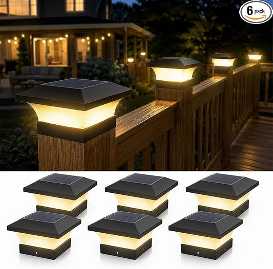 T-SUN 4X4 Solar Post Cap Lights, 6 Pack Warm White LED Fence Post Solar Lights, Outdoor Waterproof Post Lights for Wood & Vinyl Fence Posts, Deck, Patio Railing, Porch, Black