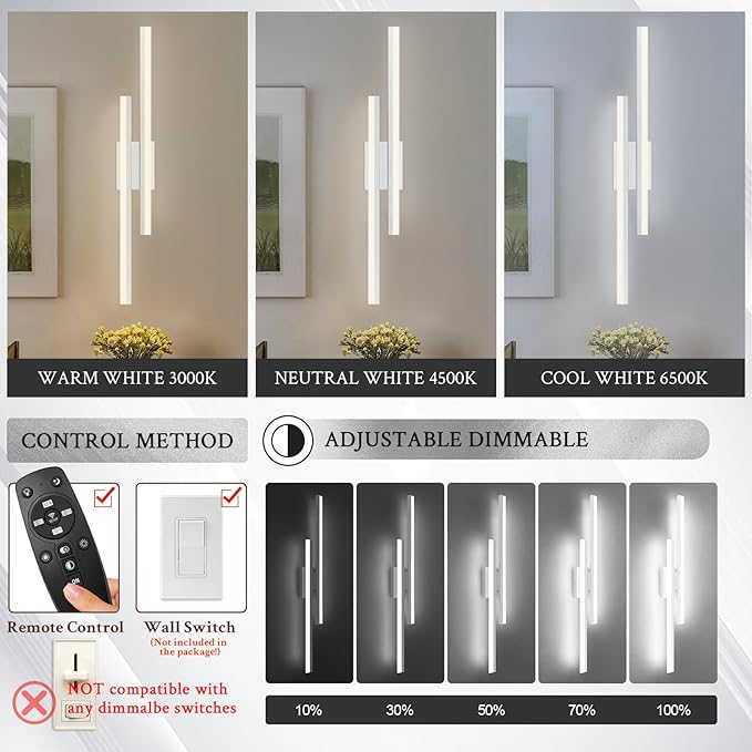 LED Wall Sconce Silver Modern Remote Wall Light Fixtures for Living Room, Dimmable LED Vanity Light Indoor Remote Wall Sconce for Bedside Bedroom Bathroom Dining Room, 31.5inch 1 Pack