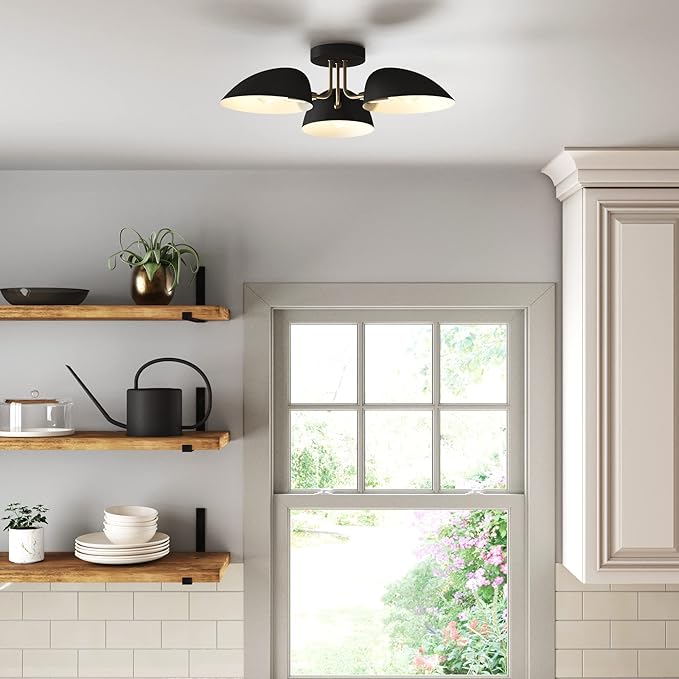 Nathan James Argo Semi Mount Flush Ceiling Light, 3-Lights Modern Retro Lighting with Black Rounded Shades for Hallway, Dining Room and Bedroom, Vintaged Brass/Black