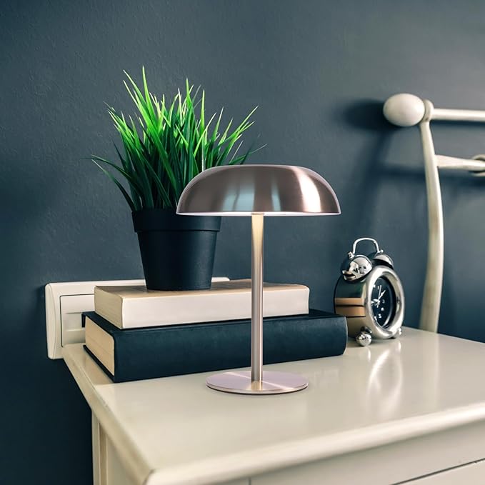 Portable LED Mushroom Table Lamp, 8.46'' Metal Small Cordless Desk Night Light with 5200mAh Rechargeable Battery, Stepless Dimming Lamp with 3 Colors for Bedroom/Bar/Coffee Shop (Silver)