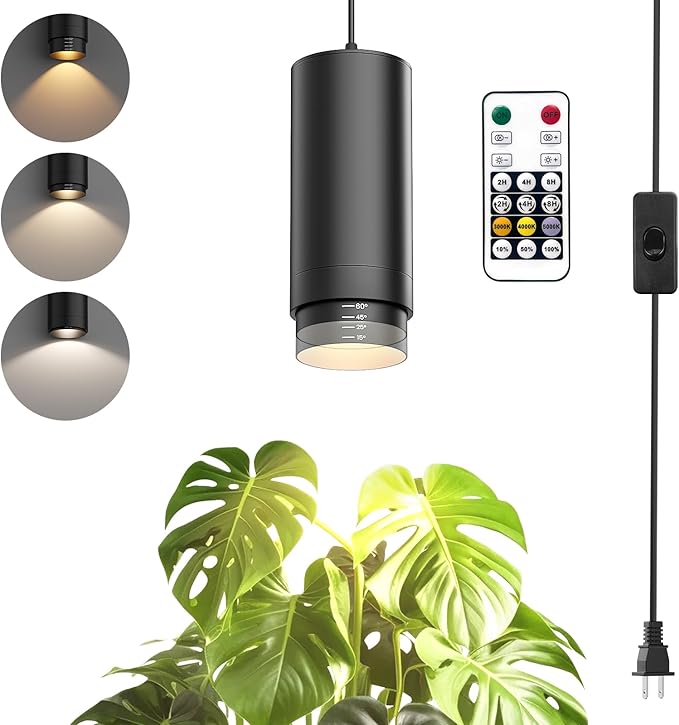 Zoomable Remote Pendant Grow Lights with Auto On/Off Timer, 30W Full Spectrum LED Plant Light 2700K-6000K Dimmable Plug in Hanging Lights for Indoor Plants 20FT Power Cord, Black