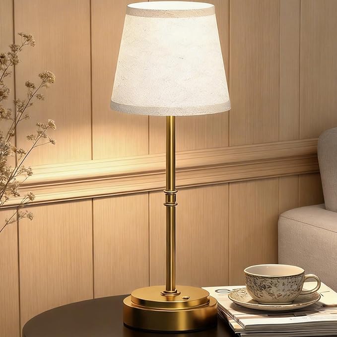 Rechargeable Cordless Table Lamp Gold - 1 Pack Brass 7500mAh Battery Operated Lamp, Small Antique Brass Aesthetic Desk Lamp for Kitchen Counter, Bathroom Vanity & Dining Room