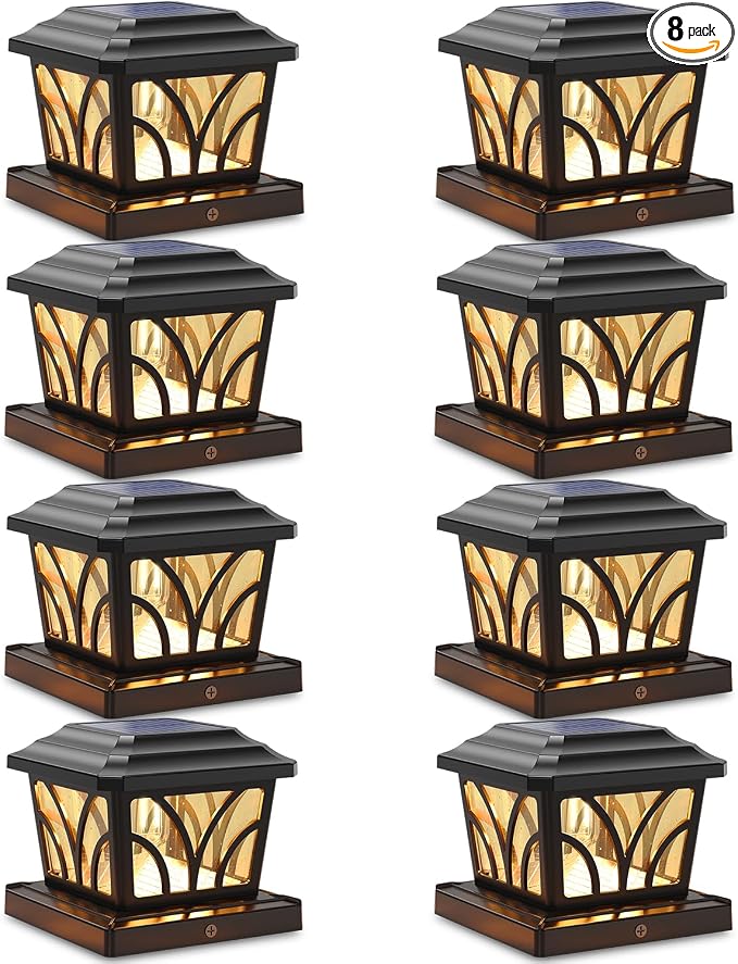 SIEDiNLAR Solar Post Cap Lights Outdoor, Aluminum Glass 2 Modes Edison LED Bulbs for 4x4 5x5 6x6 Wooden/Vinyl Posts Fence Deck Patio Decor, Warm White/Cool White Lighting 8 Pack (Black)