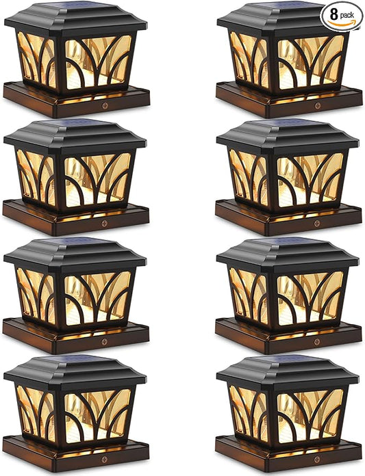 SIEDiNLAR Solar Post Cap Lights Outdoor, Aluminum Glass 2 Modes Edison LED Bulbs for 4x4 5x5 6x6 Wooden/Vinyl Posts Fence Deck Patio Decor, Warm White/Cool White Lighting 8 Pack (Black)
