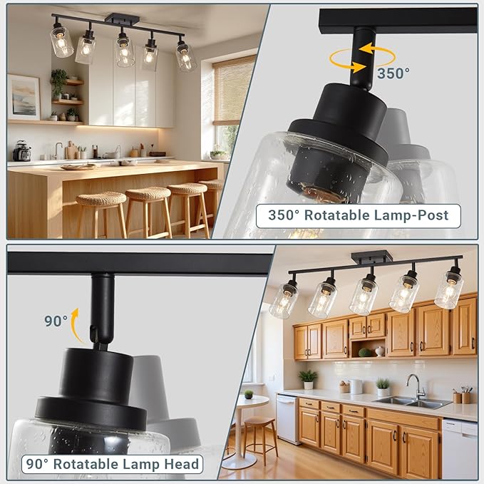 LOUSACE Flexible Track Lighting Kit, Black 5-Light Flush Mount Ceiling Spotlights with Seeded Glass, Bathroom Vanity Lighting Modern Ceiling Track Light Fixtures for Kitchen Dinning Room