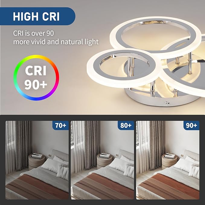 Dimmable Modern Led Ceiling Light 3 Rings Dimming Circle Modern Living Room Light Fixture Chrome Acrylic Flush Mount Ceiling Light with Remote for Bedroom Bathroom Kitchen Balcony Corridor