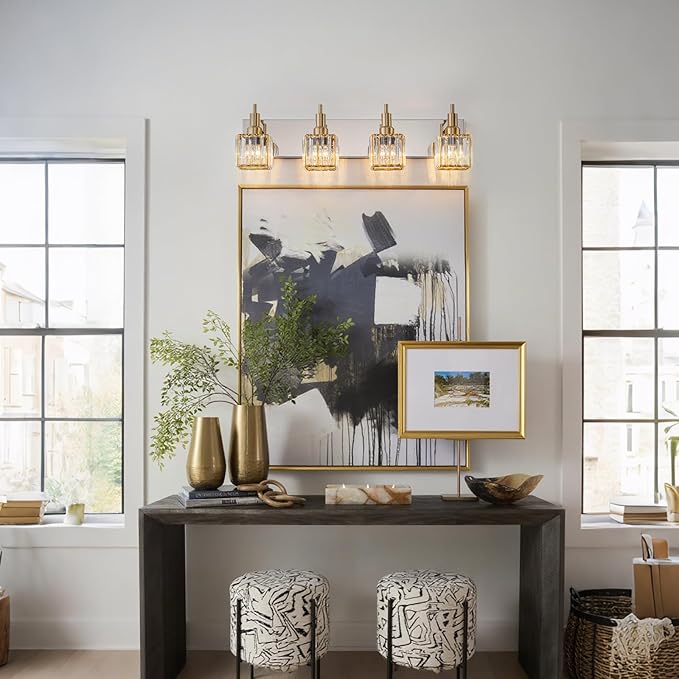 Crystal Bathroom Light Gold Chrome 4-Light Modern Bathroom Vanity Fixtures Over Mirror Square Crystal Wall Sconce