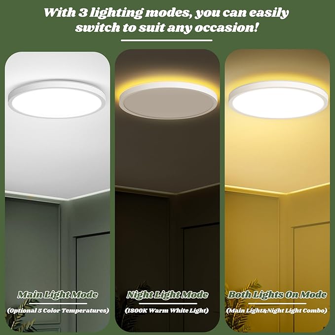 Brightever 12 Inch 2 Packs LED Flush Mount Ceiling Light Fixtures with Night Light, 2400LM 240W Equivalent Light Fixtures Ceiling Mount, 2700K-6500K 5 Color Selectable White Ceiling Lights for Hallway