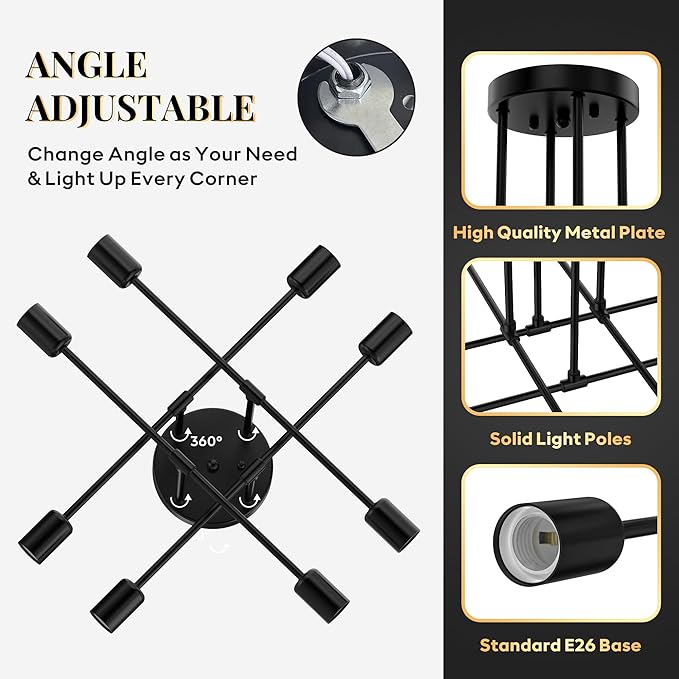 Modern Sputnik Chandelier Ceiling Light Fixtures, 5.9" Ceiling Canopy, 8-Lights Mid Century Industrial Metal Semi Flush Mount for Dining Room, Bedroom, Living Room-Black