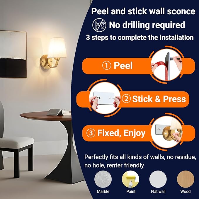 YHCDLAMP Peel and Stick Wall Sconces, No Drilling Stick On Wall Sconce, Wireless Battery Operated Wall Lights, Adhesive Wall Lamp with 10000mAh Battery Bulb for Bedroom Living Room Decor
