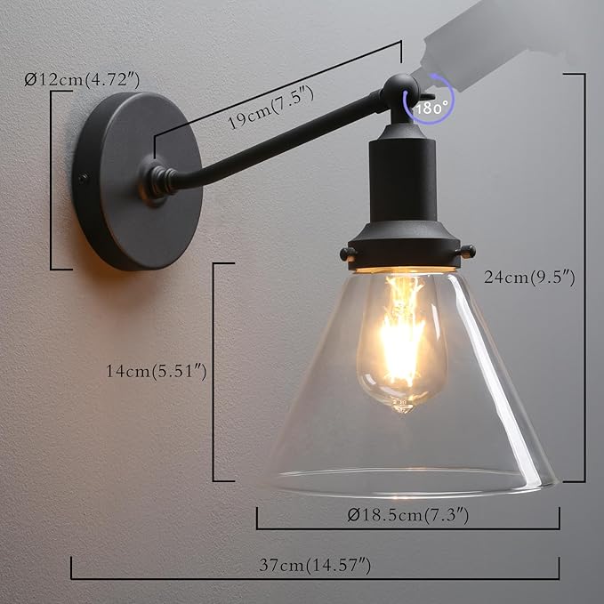 PERMO Industrial Vintage Slope Pole Wall Mount Single Sconce with Funnel Flared Clear Glass Shade Wall Sconce Light Lamp Fixture (Matte Black)