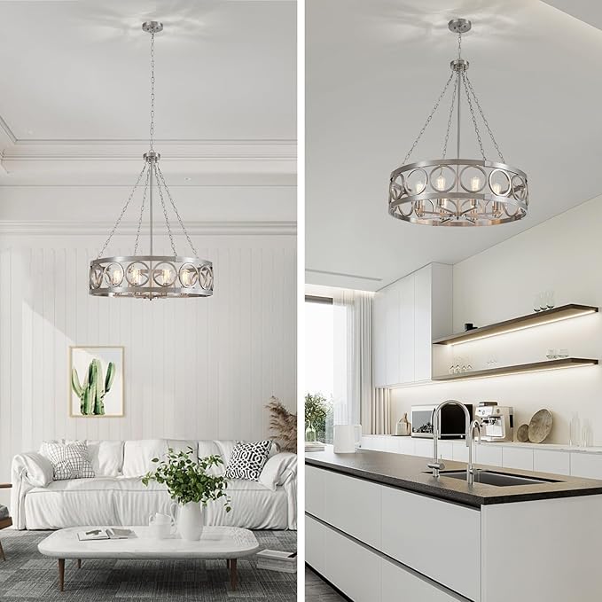 XINGQI 32.3" Large Brushed Nickel Drum Chandelier Modern 8-Light Rustic Farmhouse Round Pendant Lighting Fixture for Dining Room Living Room Office Kitchen Island