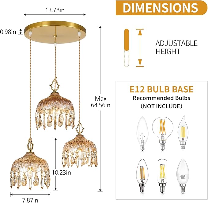 3-Light Glass Pendant Light Crystal Hanging Light Fixtures,Brass Vintage Amber Glass Pendant Lights for Kitchen Island Dining Room Living Room Bedroom Hallway(Amber,Round Chassis)