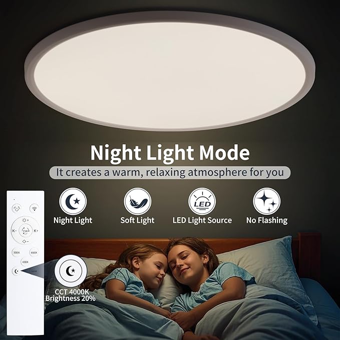 24 Inch Dimmable Ceiling Light Flush Mount 54W Remote Control LED Fixture 5400LM 3000K-6500K Adjustable Round Bright Lamp for Bedroom Kitchen Living Room Dining Bathroom White