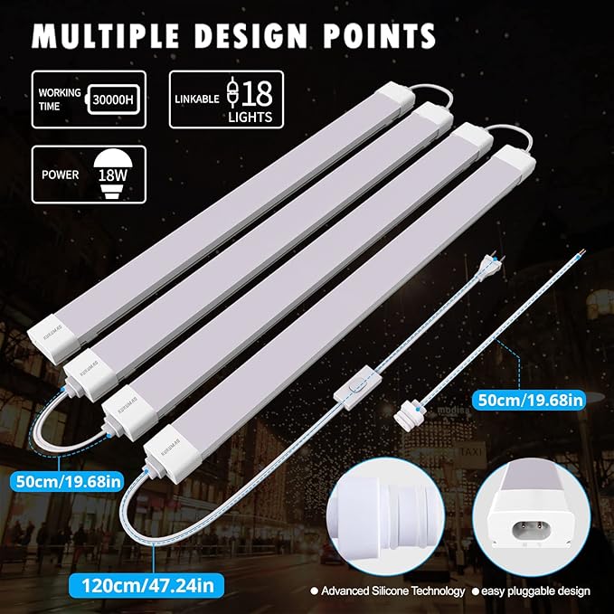 5000K LED Ceiling Light Fixture, 2FT with Plug Linkable, 2PCS Waterproof LED Tube Light Under Cabinet Lighting,Closet Light 18W for Garage Kitchen Bathroom Workbench and Office