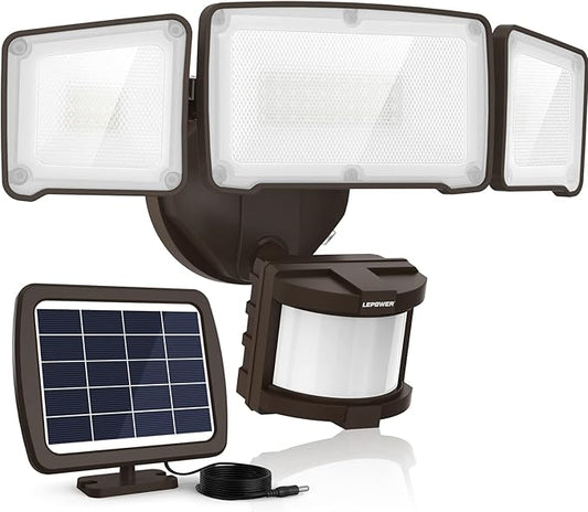 LEPOWER 1600LM LED Solar Security Lights Motion Outdoor, 5500K White Light, IP65 Waterproof Outside Flood Solar Light for Yard, Garage（Brown）