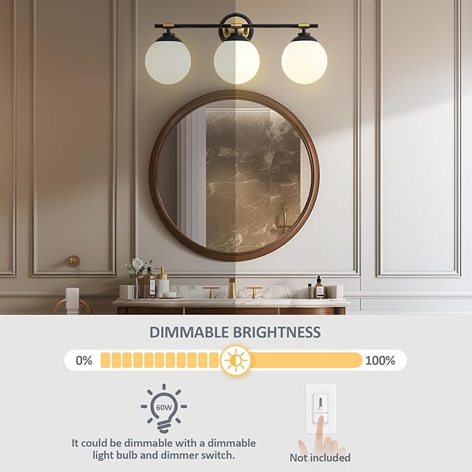 Rayogale Bathroom Light Fixtures, ETL 3 Lights Black Gold Vanity Lights Over Mirror with Milk Glass Soft Lighting Bathroom Wall Sconces for Living Room Bedroom (Exclude E26 Bulb)